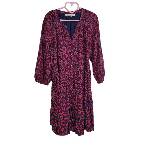 Vineyard Vines Leopard Print Tiered Dress Button Front Red V Neck Womens Size L - Picture 1 of 4